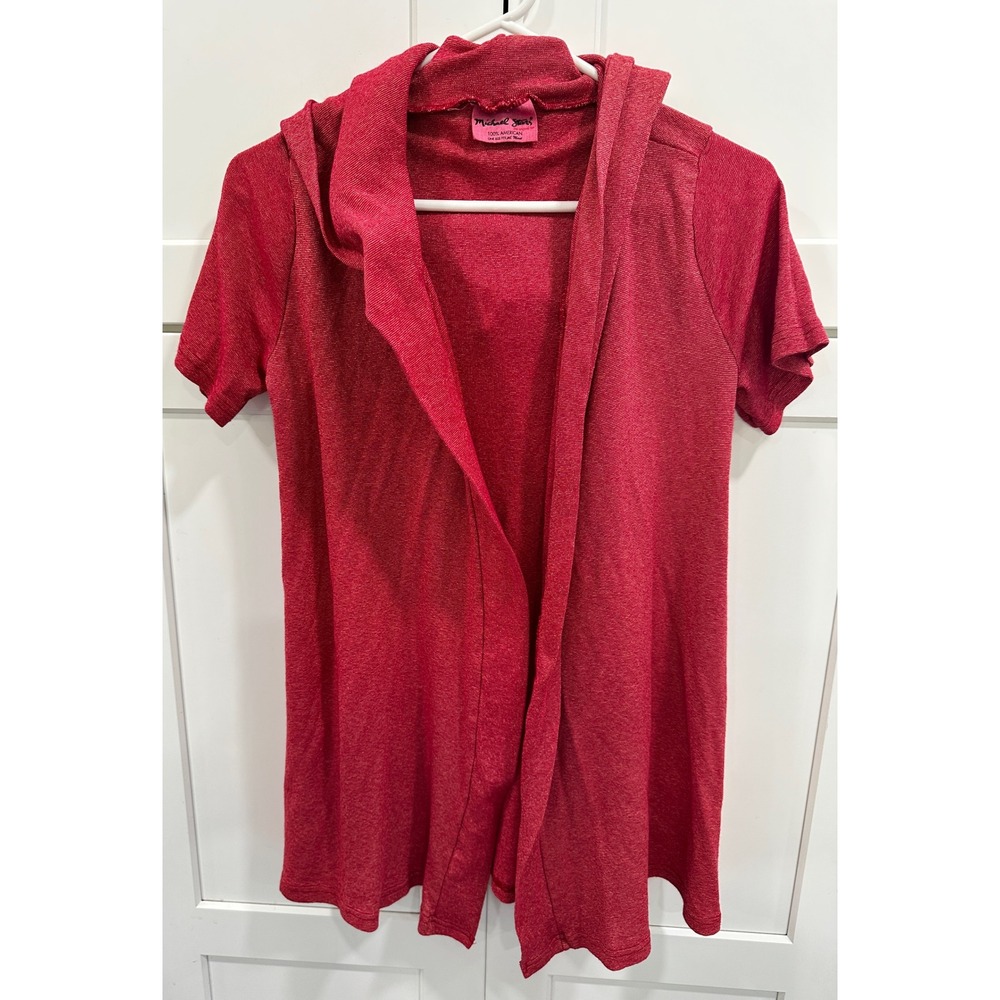 Michael Stars Red Marled Knit Hooded Open Front Cardigan Short Sleeve One Size